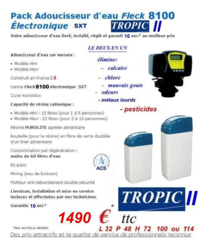 L’adoucisseur d’eau Tropic est livré, assemblé, installé et mise en service par nos techniciens partout en France. L’adoucisseur d’eau Tropic est livré, assemblé, installé et mise en service par nos techniciens partout en France.